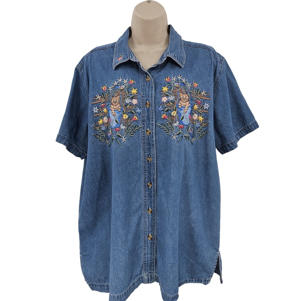 VTG Mint‎ Julep Shirt Womes 3XL Denim Novelty Embroidered Cat Lover Whimsical